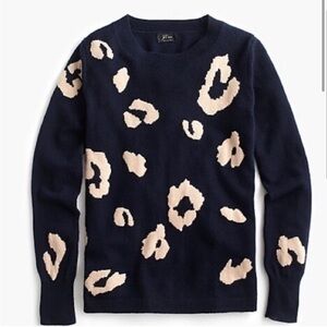 J. Crew Everyday Cashmere Sweater, XS, Navy Tan Leopard Print, 100% Cashmere